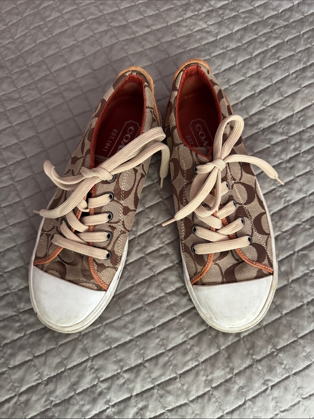 Coach Brown Signature Canvas Sneakers with Cream Laces and White Toes